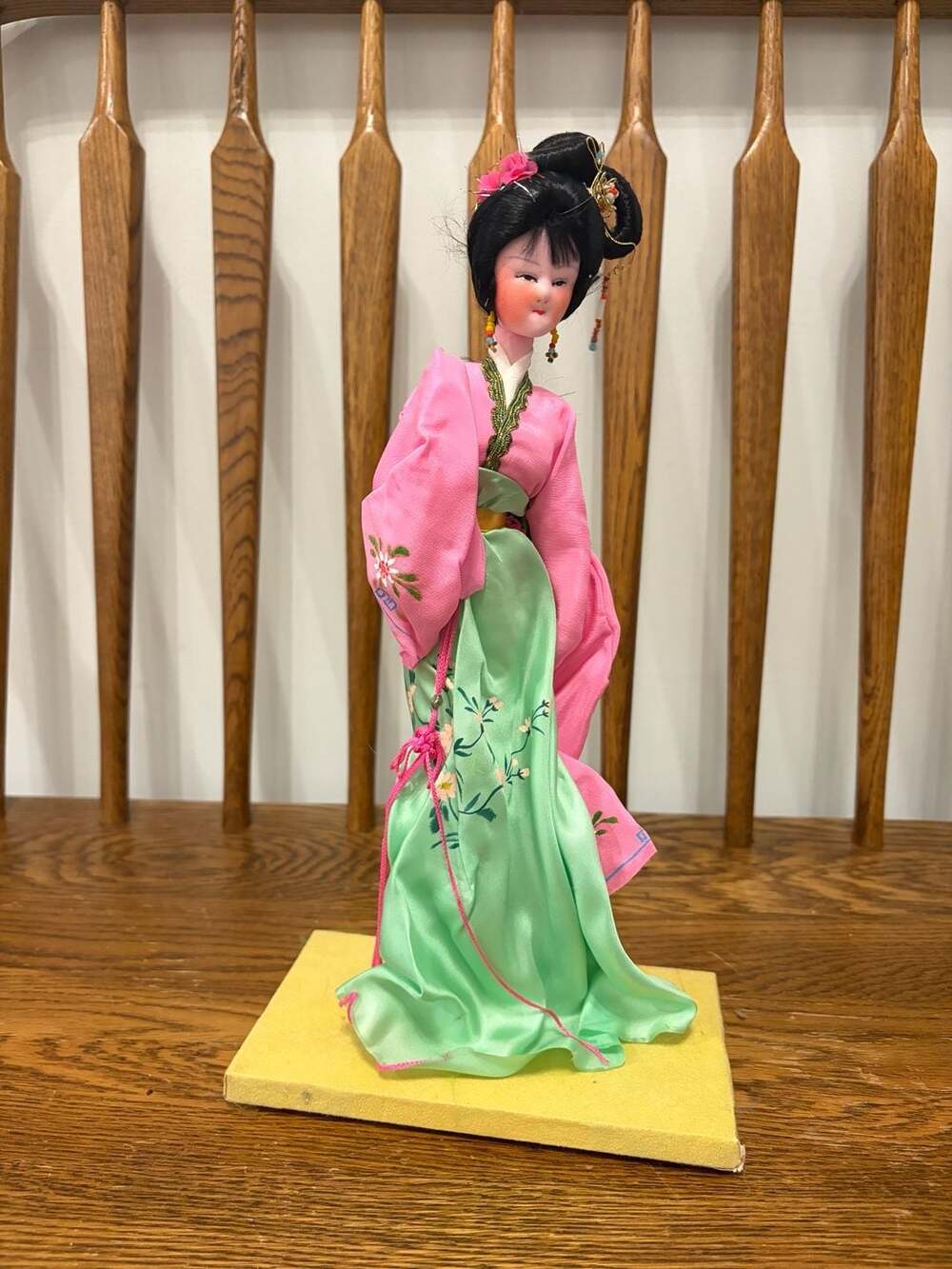 Vintage Asian Figurine Collectible Doll Pink and Green Silk Outfit